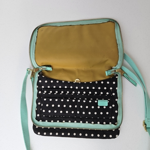 Fossil Keyper Mini Flap Crossbody Organizer Purse Polka Dot Bag - Black and Mint - Picture 5 of 13